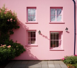 Fototapeta na wymiar pink house with beautiful window in a garden with a white wall