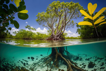 Underwater photograph of a mangrove forest with flooded trees, an uncommon underwater scene, and an underwater ecology. Generative AI - obrazy, fototapety, plakaty