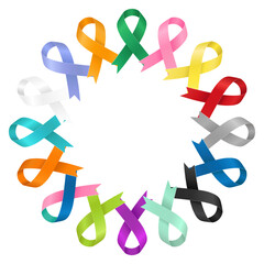 Square poster for World Cancer Day. February 4th. A lot of ribbons of different colors are isolated on a white background. Vector flat illustration.