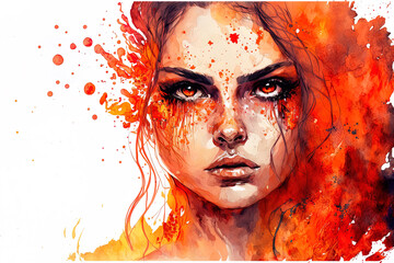 Fire girl Girl with watercolors and watercolors. Generative AI
