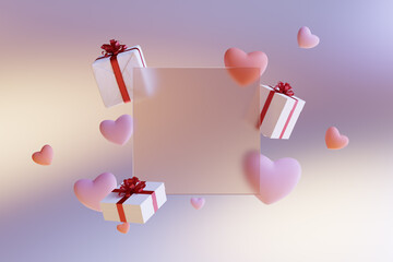 heart shape and gift box glass morphism, 3d rendering