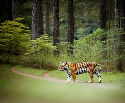 portrait of a tiger walking in the woods on the nature