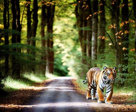 portrait of a tiger walking in the woods on the nature