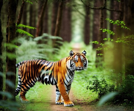 portrait of a tiger walking in the woods on the nature