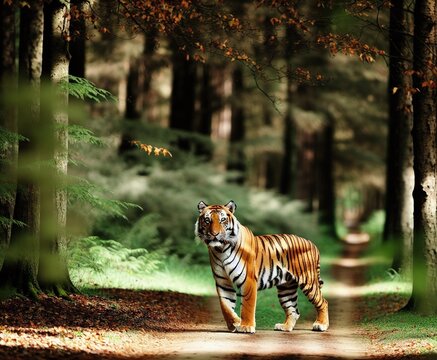 portrait of a tiger walking in the woods on the nature