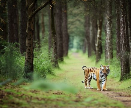 portrait of a tiger walking in the woods on the nature