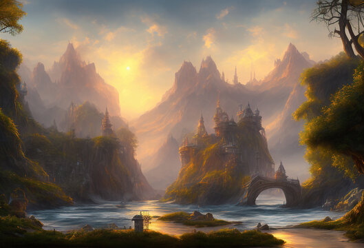 Fantasy landscape at dusk