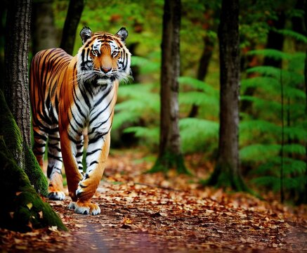 portrait of a tiger walking in the woods on the nature