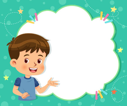 Little boy with empty blank text box frame. Vector cartoon character on green background