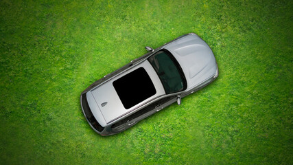 Top down view of a car with sunroof on meadow