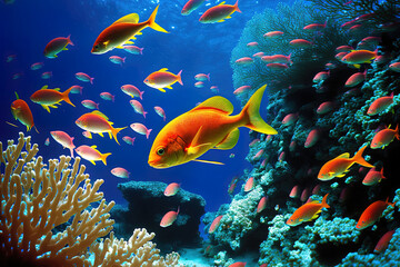 Picture of anthias fishes in the Mediterranean Sea underwater. Generative AI