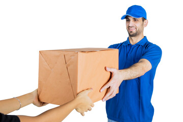 Woman hands accept package from courier on studio