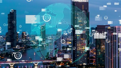 Business data analytic interface fly over smart city showing alteration future of business intelligence. Computer software and artificial intelligence are used to analyze big data for strategic plan .