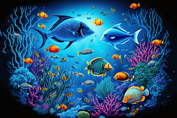 a large number of little fish in the water, a fish colony, fishing, and an ocean nature scene. Generative AI