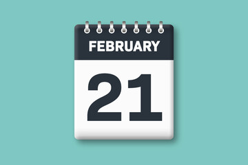 February 21 - Calender Date  21st of February on Cyan / Bluegreen Background