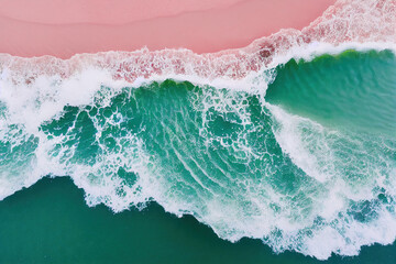 Fototapeta na wymiar Spectacular top view from drone photo of beautiful pink beach. Generative AI.