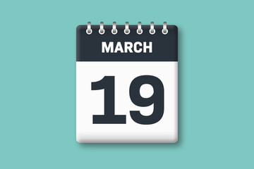 March 19 - Calender Date  19th of March on Cyan / Bluegreen Background