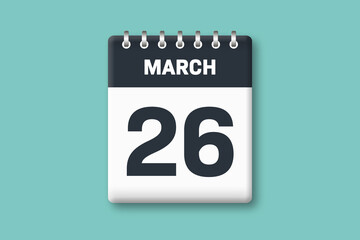 March 26 - Calender Date  26th of March on Cyan / Bluegreen Background