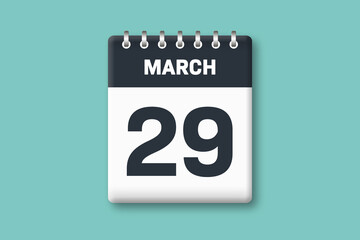 March 29 - Calender Date  29th of March on Cyan / Bluegreen Background