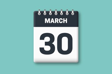 March 30 - Calender Date  30th of March on Cyan / Bluegreen Background