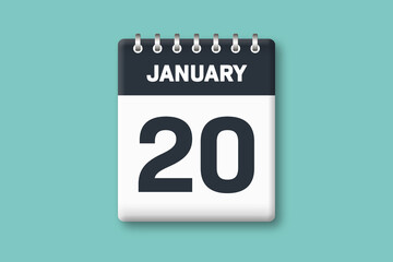 January 20 - Calender Date  20th of January on Cyan / Bluegreen Background