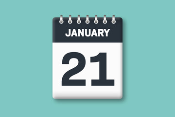January 21 - Calender Date  21st of January on Cyan / Bluegreen Background