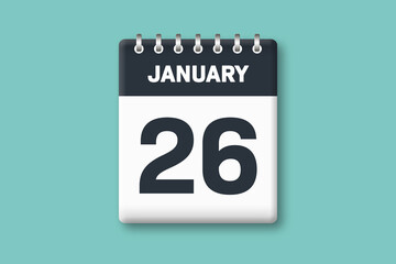 January 26 - Calender Date  26th of January on Cyan / Bluegreen Background