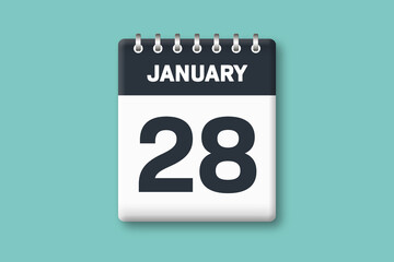 January 28 - Calender Date  28th of January on Cyan / Bluegreen Background