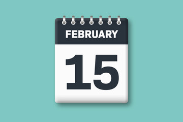 February 15 - Calender Date  15th of February on Cyan / Bluegreen Background