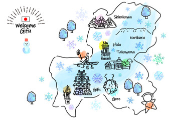 冬の岐阜県の観光地のシンプル線画イラストマップ - obrazy, fototapety, plakaty