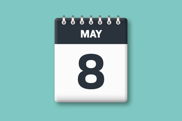 May 8 - Calender Date  8th of May on Cyan / Bluegreen Background