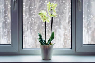 Orchid booming on windowsill in winter, Phalaenopsis plant care, flowering houseplants in cold season