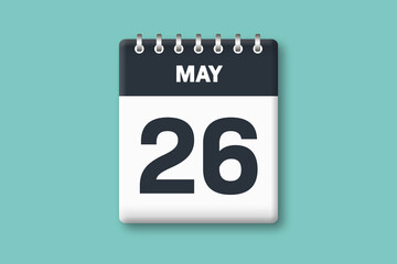 May 26 - Calender Date  26th of May on Cyan / Bluegreen Background