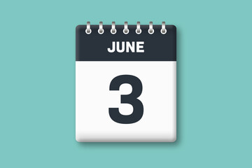 June 3 - Calender Date  3rd of June on Cyan / Bluegreen Background
