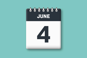 June 4 - Calender Date  4th of June on Cyan / Bluegreen Background