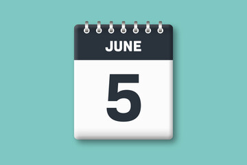 June 5 - Calender Date  5th of June on Cyan / Bluegreen Background