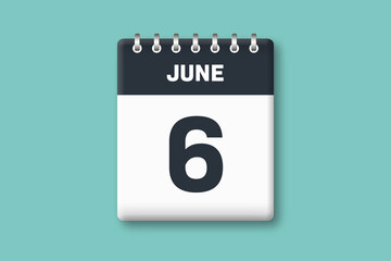 June 6 - Calender Date  6th of June on Cyan / Bluegreen Background