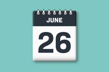 June 26 - Calender Date  26th of June on Cyan / Bluegreen Background