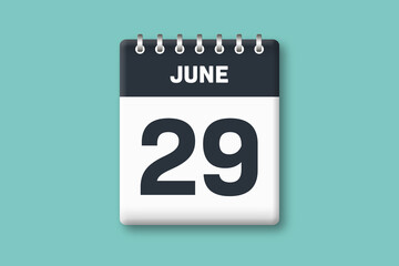 June 29 - Calender Date  29th of June on Cyan / Bluegreen Background