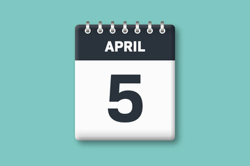April 5 - Calender Date  5th of April on Cyan / Bluegreen Background