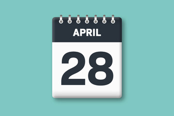 April 28 - Calender Date  28th of April on Cyan / Bluegreen Background