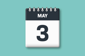 May 3 - Calender Date  3rd of May on Cyan / Bluegreen Background