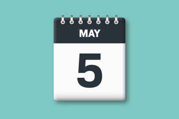 May 5 - Calender Date  5th of May on Cyan / Bluegreen Background