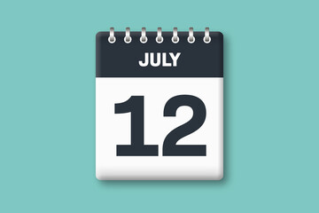 July 12 - Calender Date  12th of July on Cyan / Bluegreen Background