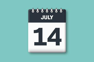 July 14 - Calender Date  14th of July on Cyan / Bluegreen Background