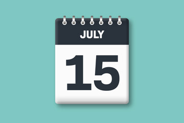 July 15 - Calender Date  15th of July on Cyan / Bluegreen Background