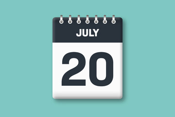 July 20 - Calender Date  20th of July on Cyan / Bluegreen Background