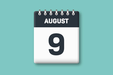 August 9 - Calender Date  9th of August on Cyan / Bluegreen Background