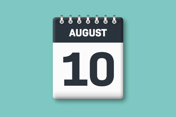 August 10 - Calender Date  10th of August on Cyan / Bluegreen Background