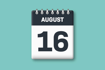 August 16 - Calender Date  16th of August on Cyan / Bluegreen Background